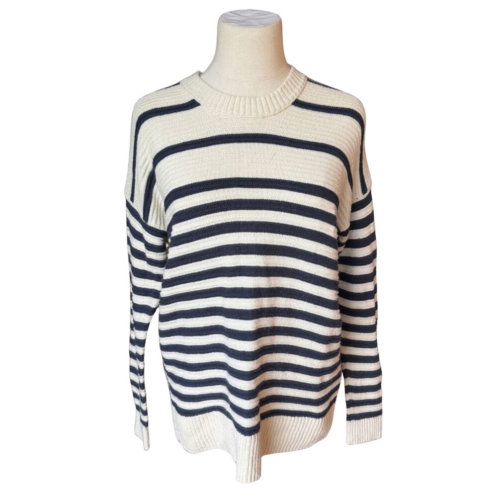 Madewell Greensboro Button Back Pullover Sweater Cream Navy Blue Stripes Size XS
